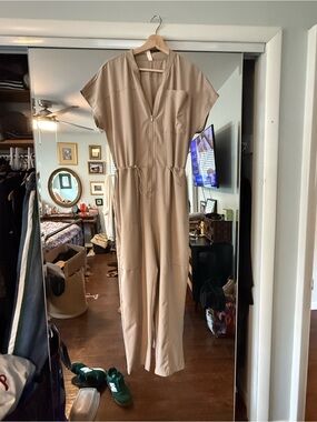 Zella Women's Short-Sleeve Utility Jumpsuit in Taupe